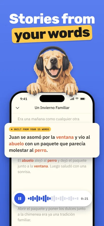 An audio story in Spanish built from the learner's own words, with the mascot wearing headphones